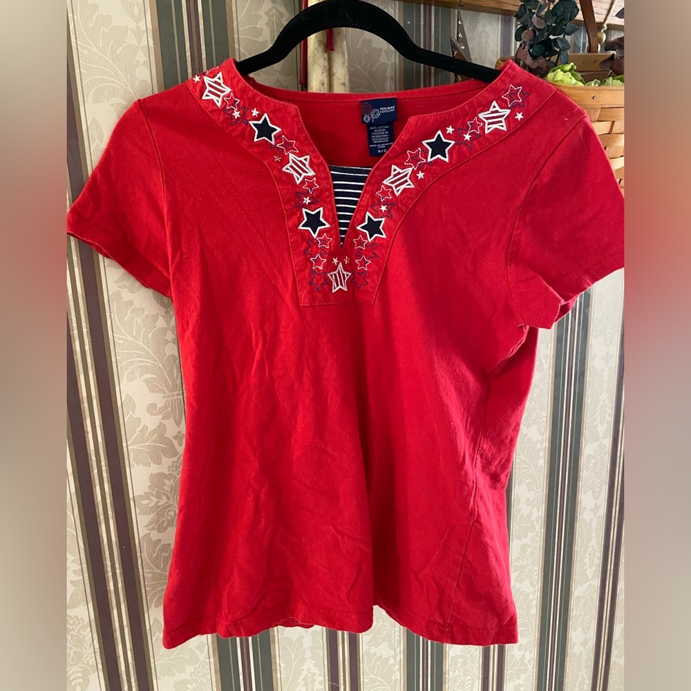 Holiday Editions Red Graphic Embellished Short Sleeve Tee,fun patriotic, small